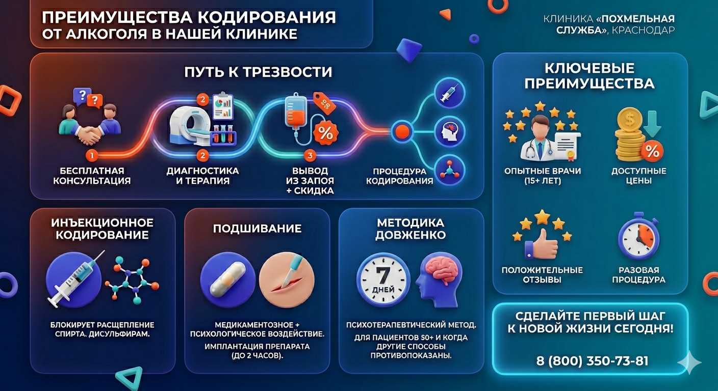 Инфографика о методах кодирования от алкоголя в Первомайском: инъекции, подшивание, метод Довженко. Преимущества клиники и этапы лечения.