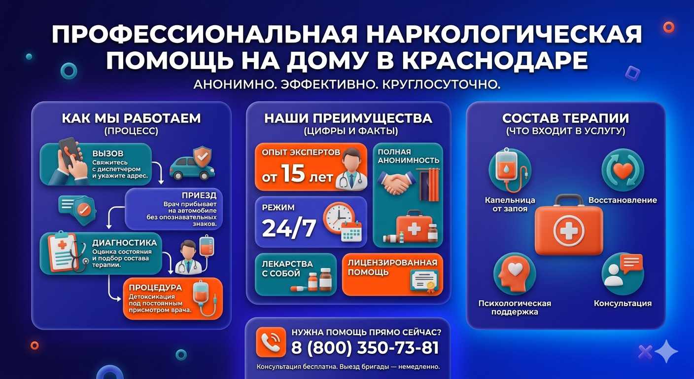 Инфографика о принципах лечения алкоголизма на дому в Первомайском: этапы вызова нарколога, преимущества анонимной детоксикации и состав медицинской помощи.